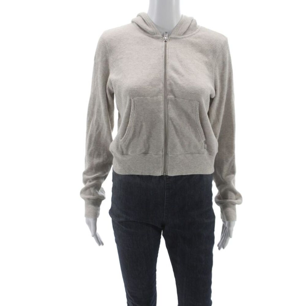 TNA Women Full Zip Hoodie V-Neck Cotton Beige Long Sleeve Size S